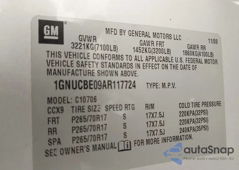 2010 Chevrolet Tahoe Lt из США, поврежденный, VIN 1GNUCBE09AR117724